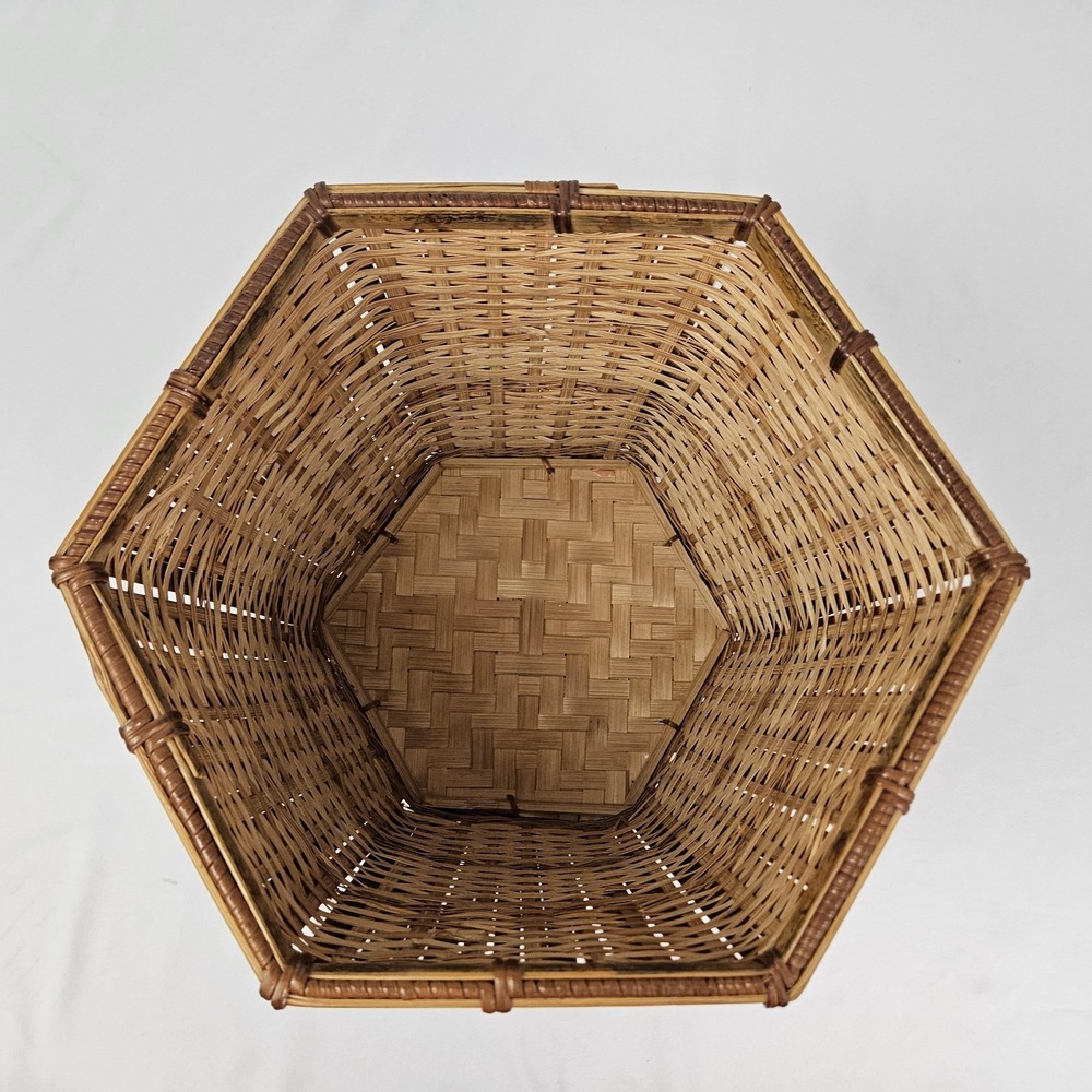 Vintage Tortoiseshell Bamboo Basket Planter Wastepaper Trash Can Boho MCM Rattan - Picture 8 of 10